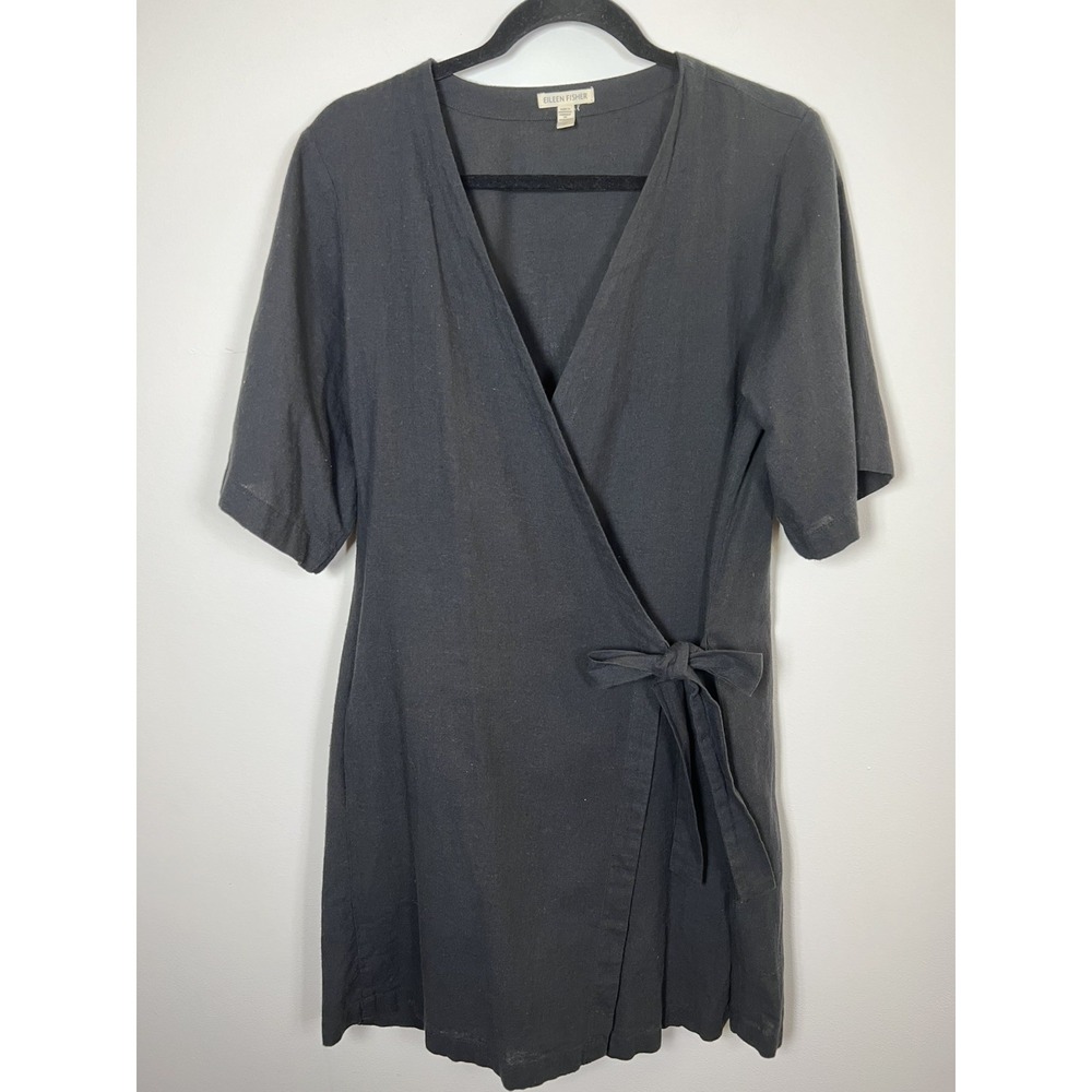 Eileen Fisher Organic Cotton Linen Wrap Dress Black Short Sleeve S Minimalist